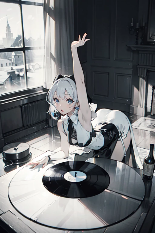 a room、 top-quality, Poses, Correct anatomy, Beautiful body curves, Sketch beech, Daily Draw, vestments, Pencil、black-and-white、monochromes、woman playing a record、Vintage、Wearing a dress、Lower your arms