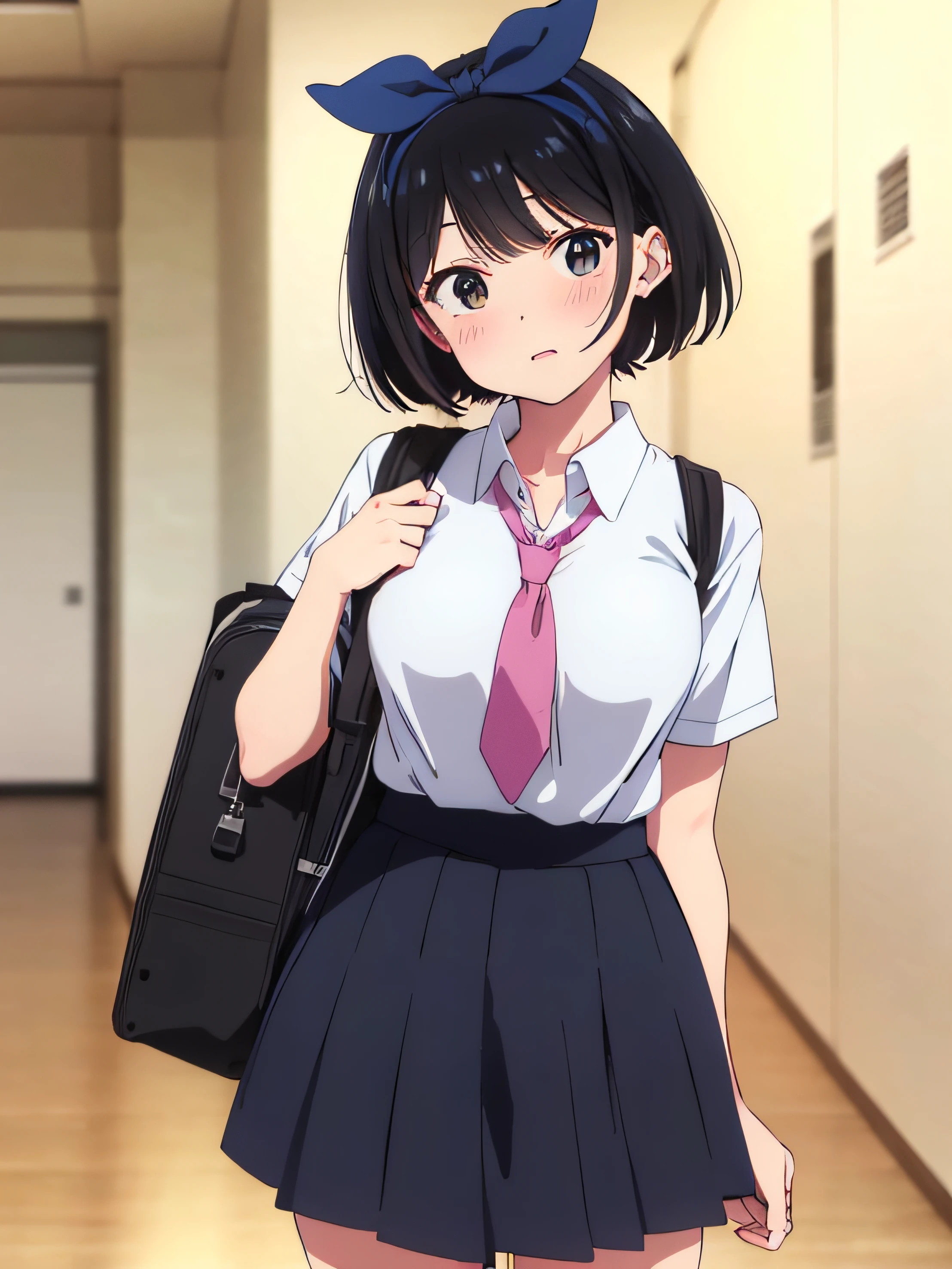 Anime girl in uniform with backpack in school hallway, an anime drawing inspired by Ma Yuanyu, trending on pixiv, serial art, anime moe art style, Anime visuals of cute girls, beautiful anime high school girl, Smooth Anime CG Art, Realistic Schoolgirl, magical school student uniform, a hyperrealistic schoolgirl, Official art, ultra-detailliert、​masterpiece、top-quality、超A high resolution、8K high image quality、Photogenic clarity、A detailed eye、gradients、perfect anatomy body proportions ,hard disk、nffsw , Nikon Z9 80mm Lens , masutepiece、Model Standing、(((Minuscule panties、Small micro panties、Pubic hair can be seen through the lace of the panties)))、(((Panties are lace pale pink panties.)))、(((Dark blue school uniform、White blouses、Cute white white short sleeve blouse with ribbon、short loose socks、dark brown loafers)))、(((See all panties)))、(((The skirt is definitely worn)))、(((Lift skirt hem)))、Sit in a triangle with your thighs slightly inward、panties focus、too bright natural light、Sunshine、Detailed lace panty pattern、Plain white panties、(((Lifting skirt while standing to show off panties to camera)))、(((Beautiful alignment and snow-white teeth)))、(((Lift the skirt bigger and bigger、Show your panties to the camera)))、The most popular and beautiful employees of the company、Ultra slim body Gcup bust、Body shape of slim model、Beautiful posture、Spring outdoor、During the School Cultural Festival、Lots of people、