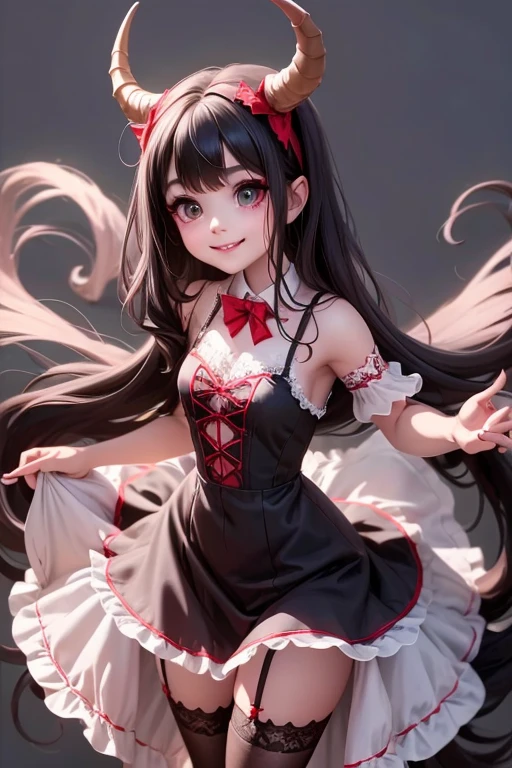 a (horned demon girl) smiling, wearing a lace cloth dress, black hair, red smokey eyes makeup, hair band, stockings, dramatic magic floating pose, (full body), (((sfw)))