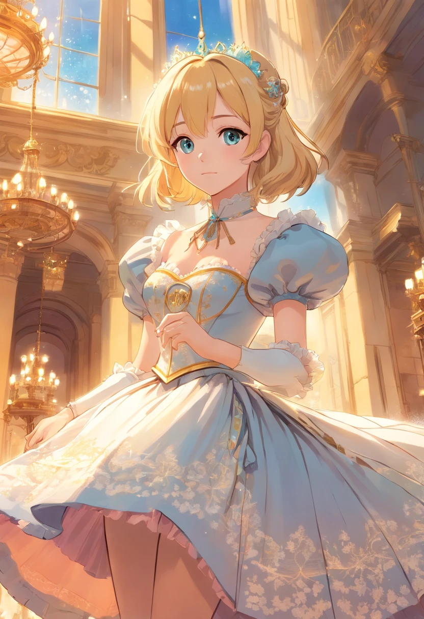John Tenniel art, Formal and Official Coronation Portrait, Portrait of a stunningly beautiful young blonde Reese Witherspoon as a Queen wearing A Stately and Elaborate Royal Cinderella Court Gown with (((enormous puffed sleeves))), an hourglass waist, and a (((huge crinoline hoopskirt))) adorned with bows, embroidery, and jewels, long white gloves, pearl necklace and earrings