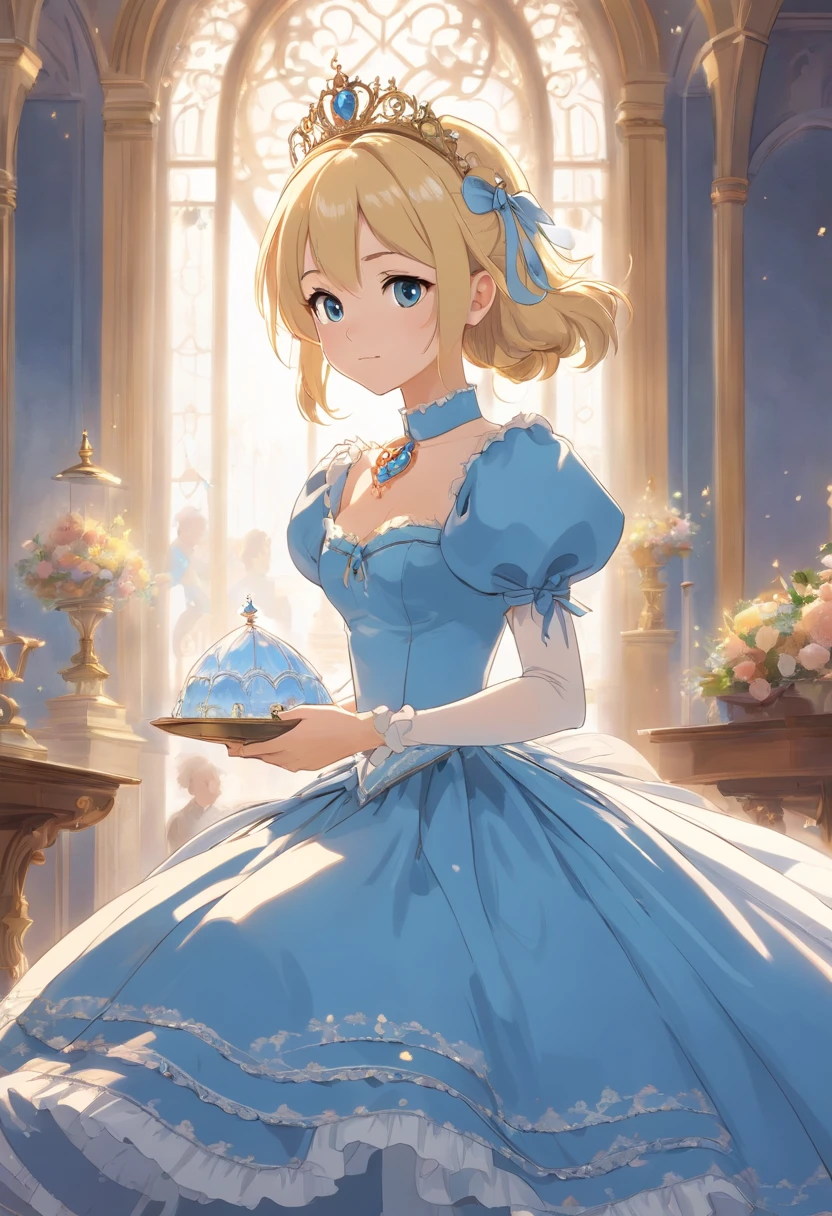 John Tenniel art, Formal and Official Coronation Portrait, Portrait of a stunningly beautiful young blonde Reese Witherspoon as a Queen wearing A Stately and Elaborate Royal Cinderella Court Gown with (((enormous puffed sleeves))), an hourglass waist, and a (((huge crinoline hoopskirt))) adorned with bows, embroidery, and jewels, long white gloves, pearl necklace and earrings