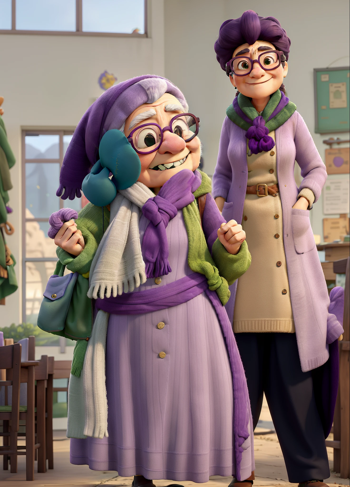 masterpiece, best quality, an old woman with glasses and a scarf on, wearing a purple coat and green scarf, standing at the park
