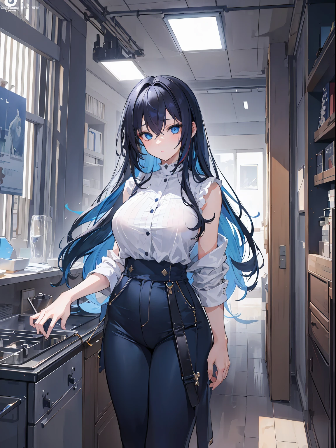 girl, ((masterpiece best quality, high resolution, 4K)), cinematic lighting, long hair, blue eyes, (Black hair, inner blue hair), thick tighs, big breasts, casual clothes, house
