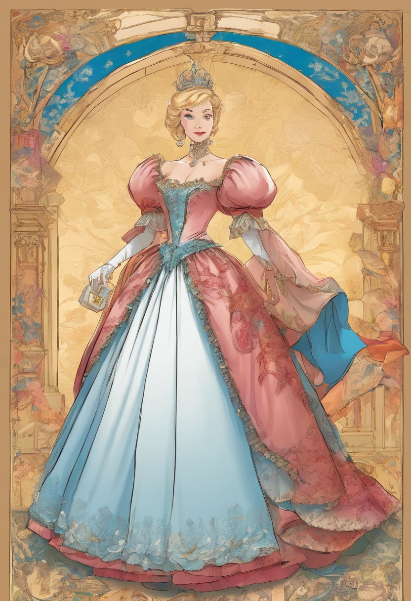John Tenniel art, Formal and Official Coronation Portrait, Portrait of a stunningly beautiful young blonde Reese Witherspoon as a Queen wearing A Stately and Elaborate Royal Cinderella Court Gown with (((enormous puffed sleeves))), an hourglass waist, and a (((huge crinoline hoopskirt))) adorned with bows, embroidery, and jewels, long white gloves, pearl necklace and earrings