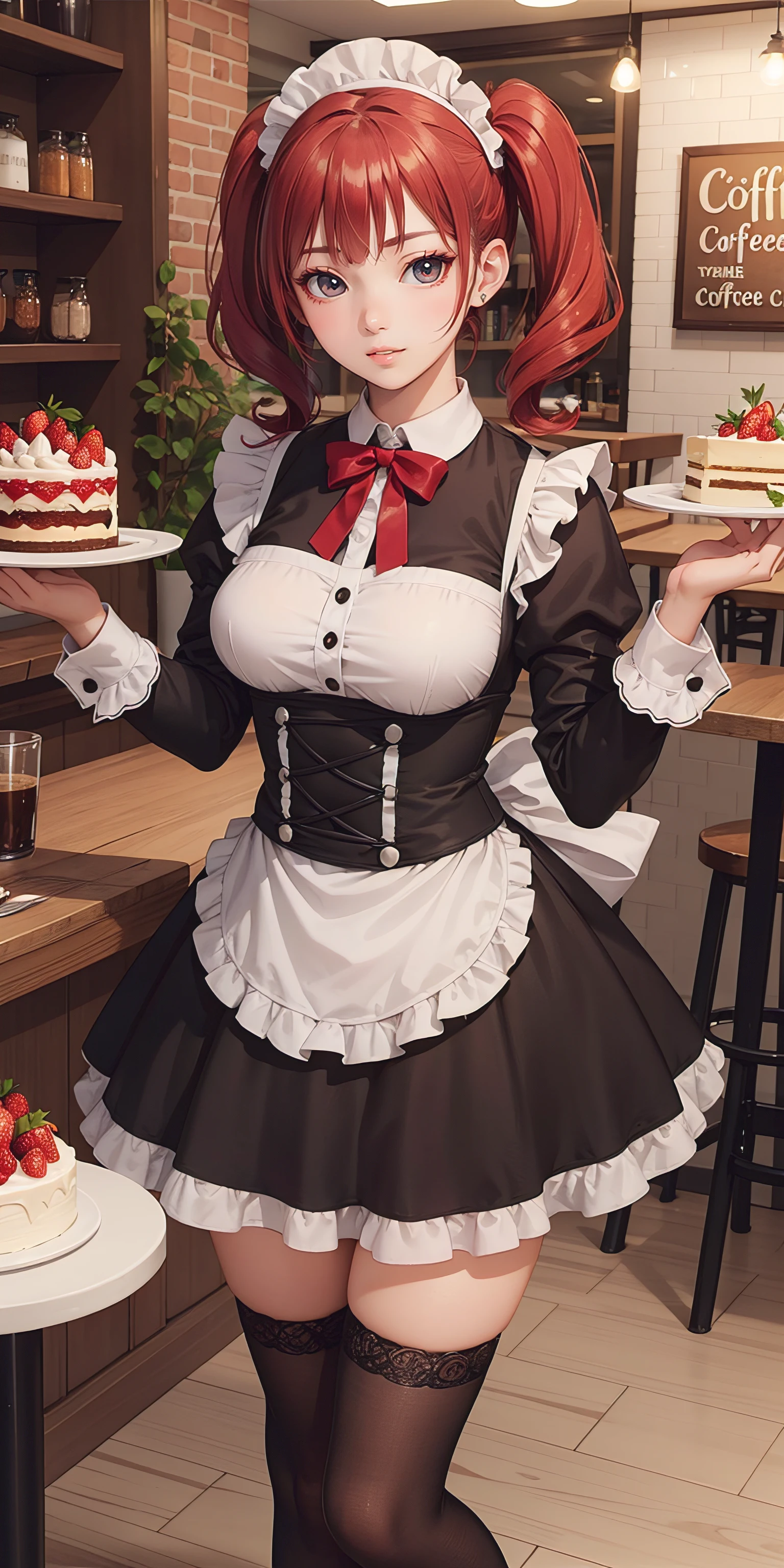 (masterpiece, best quality, ultra-detailed, photorealistic), 1 girl, curvaceous but slender body, Promotional photo, the place is a coffee shop, a waitress carrying cake to the table, red-haired twin tails, gentle face, half costume of gothic lolita and maid costume with the image of strawberries, clothes based on white,