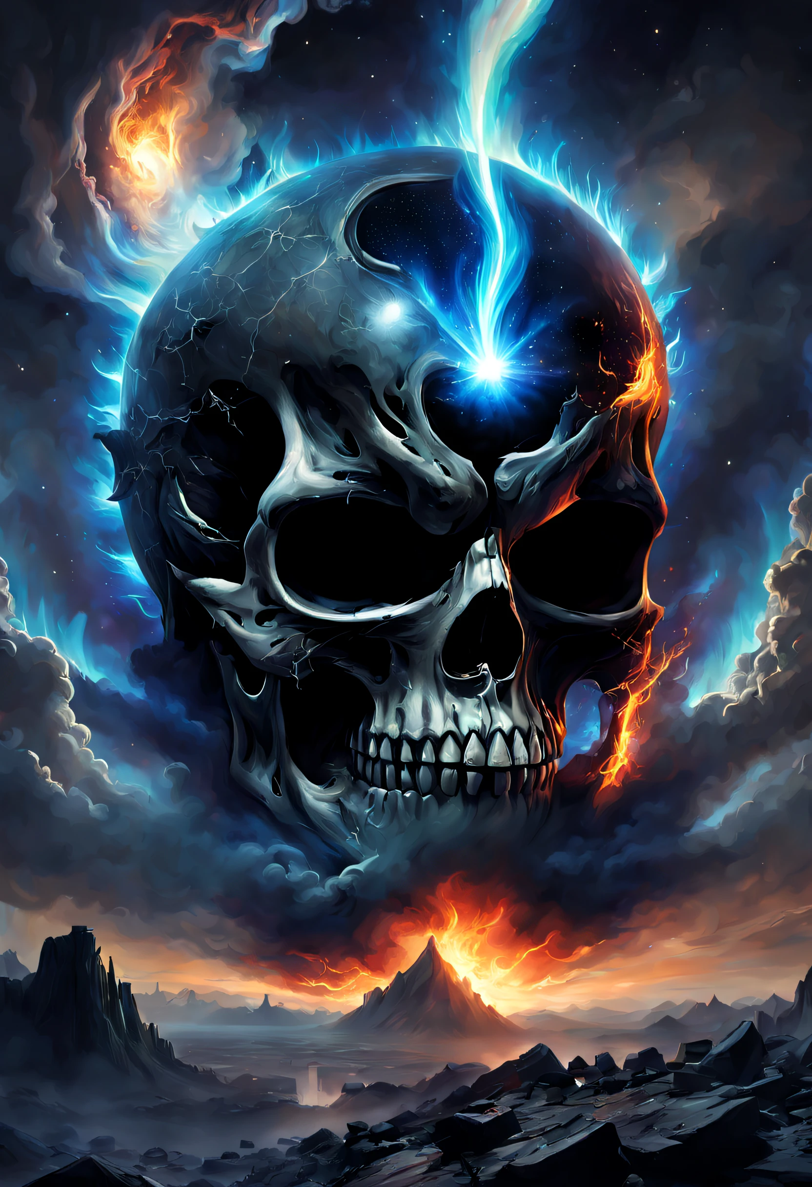 Ultra-detailed 16K resolution, Apocalipse realista com Astro Twist. the skull, que lembra uma estrela do rock, is presented in intricate detail against a backdrop of chaos. Smoke envelops the scene, the flames rage and the rays light up the sky. The celestial elements integrated into the skull&#39;s design give it a cosmic, otherworldly vibe.. This design captures the intensity of an apocalypse with a unique astro-rock aesthetic.