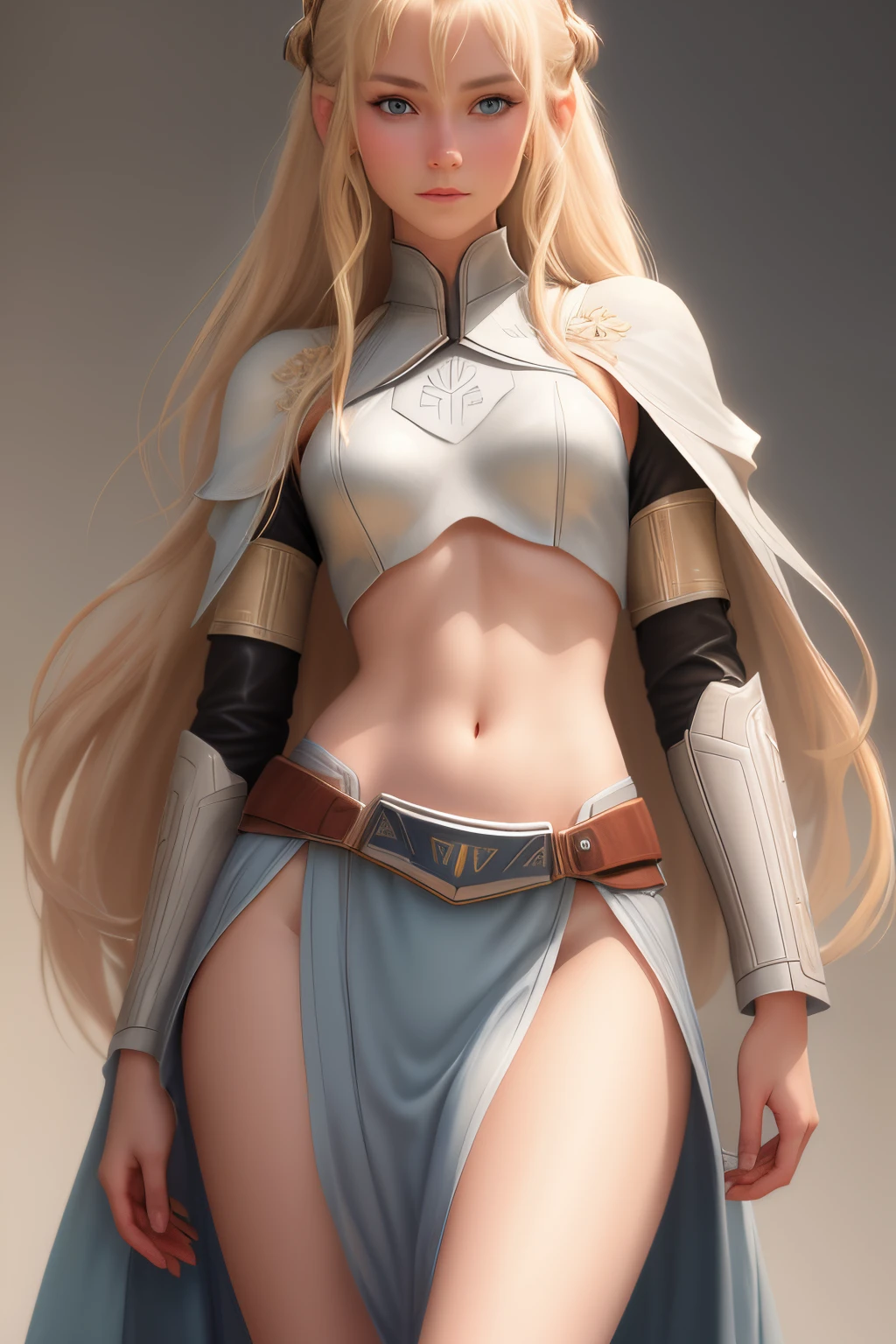 close up 1girl in, Solo, Aesthetic artwork, blond, straight blonde hair, super long blonde hair, light blue eyes, some small freckles, pale skin, A-cup, small breasts, runners body, (thin hips, thin waist: 1.25), detailed skin, shy smile, (standing at attention: 1.25), wearing leather Jedi armor, Ahsoka Tano clothes, holding a lightsaber, 50mm, 4k textures, soft cinematic light, RAW intricate, elegant, highly detailed, sharp focus, ((((cinematic look)))), soothing tones, insane details, intricate details, hyperdetailed, low contrast, soft cinematic light, dim colors, exposure blend, hdr, faded