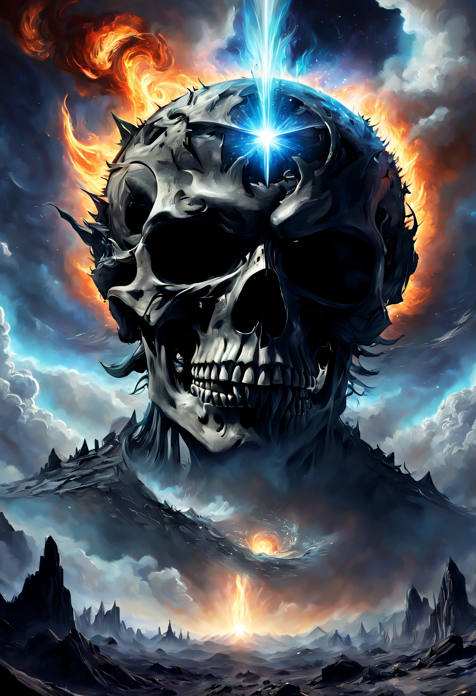 Ultra-detailed 16K resolution, Apocalipse realista com Astro Twist. the skull, que lembra uma estrela do rock, is presented in intricate detail against a backdrop of chaos. Smoke envelops the scene, the flames rage and the rays light up the sky. The celestial elements integrated into the skull&#39;s design give it a cosmic, otherworldly vibe.. This design captures the intensity of an apocalypse with a unique astro-rock aesthetic.