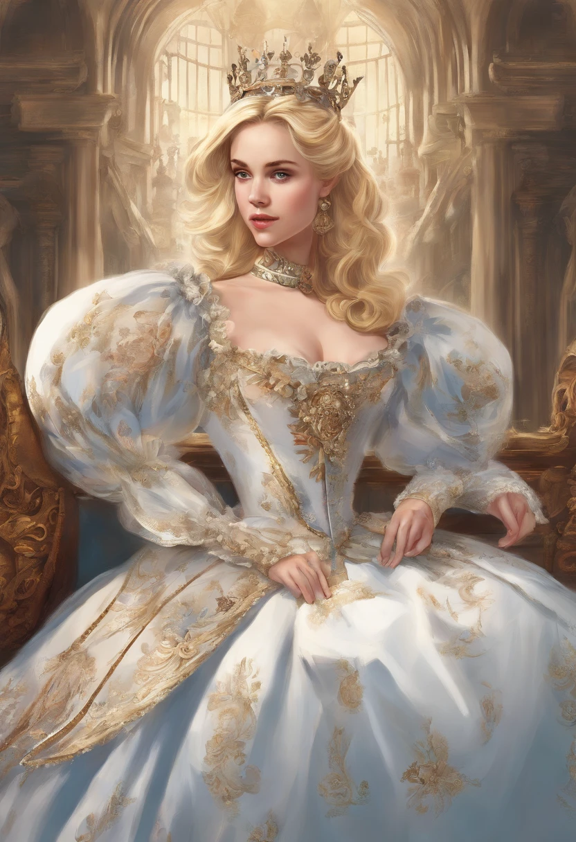 John Tenniel art, Formal and Official Coronation Portrait, Portrait of a stunningly beautiful young blonde Reese Witherspoon as a Queen wearing A Stately and Elaborate Royal Cinderella Court Gown with (((enormous puffed sleeves))), an hourglass waist, and a (((huge crinoline hoopskirt))) adorned with bows, embroidery, and jewels, long white gloves, pearl necklace and earrings