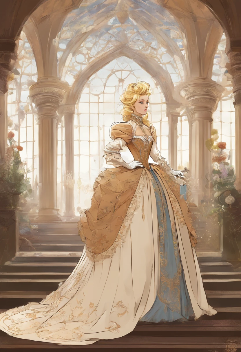 John Tenniel art, Formal and Official Coronation Portrait, Portrait of a stunningly beautiful young blonde Reese Witherspoon as a Queen wearing A Stately and Elaborate Royal Cinderella Court Gown with (((enormous puffed sleeves))), an hourglass waist, and a (((huge crinoline hoopskirt))) adorned with bows, embroidery, and jewels, long white gloves, pearl necklace and earrings