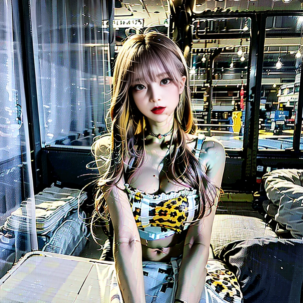 (best quality,4k,8k,highres,masterpiece:1.2),ultra-detailed,(realistic,photorealistic,photo-realistic:1.37),anatomically perfect limbs,yellow long hair,busty,muscular,abdominal muscles,leopard-print underwear,pierced, tall,height, with purple eyes,female,portraits,lit with warm colors.