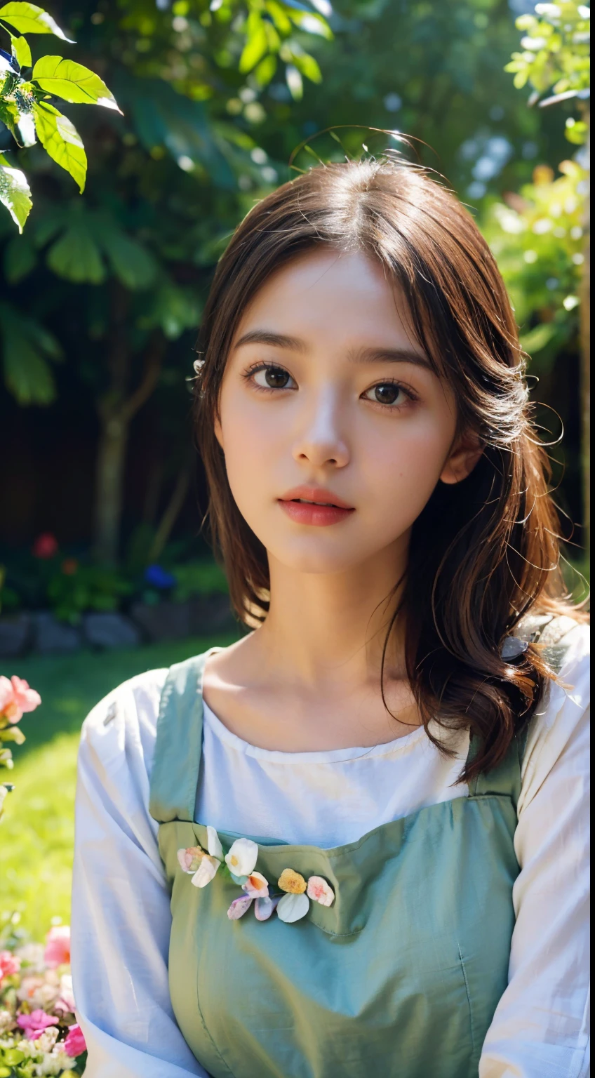 An incredibly high-quality, 4k, 8k, high-resolution, masterpiece:1.2, ultra-detailed, and realistic, photo-realistic:1.37 image of a girl in a garden. The girl's face should have beautiful detailed eyes, beautiful detailed lips, and extremely detailed eyes and face. The portrait should be in an impressionist style, with soft and vibrant colors. The overall lighting should be soft and natural, creating a dreamy atmosphere. The girl should have long eyelashes that enhance her beauty. The garden should be filled with lush greenery and colorful flowers, creating a picturesque setting. The image should evoke a sense of peace and tranquility, capturing the beauty of nature and the girl's serene expression.