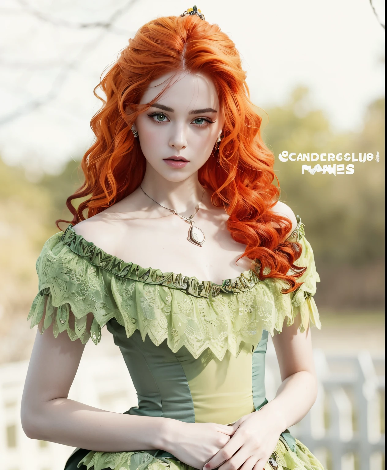 Hay una mujer con el pelo rojo con un vestido verde, Ella tiene el pelo largo redorange, Doncella con cabello cobrizo, Fanart, ((tonos azules verdosos)), con cabello rojo rizado, ((a beautiful empress of fantasy)), Diosa pelirroja, con el pelo largo y rojo, con cabello rojo y ojos verdes, she has pale blue skin!!!, Cabello ondulado de jengibre