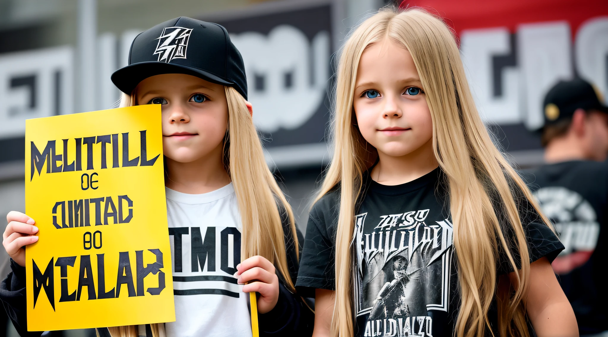 blonde  girl long hair holding a sign that says Metallica, mestre de fantoches, metal pesado!, [ metal ], Michael, muito feliz!, arte magistral, com um brilhante, metal head, feito de metal, metal pesado, completely metallic, he is a rockstar, obra-prima obra de arte.
