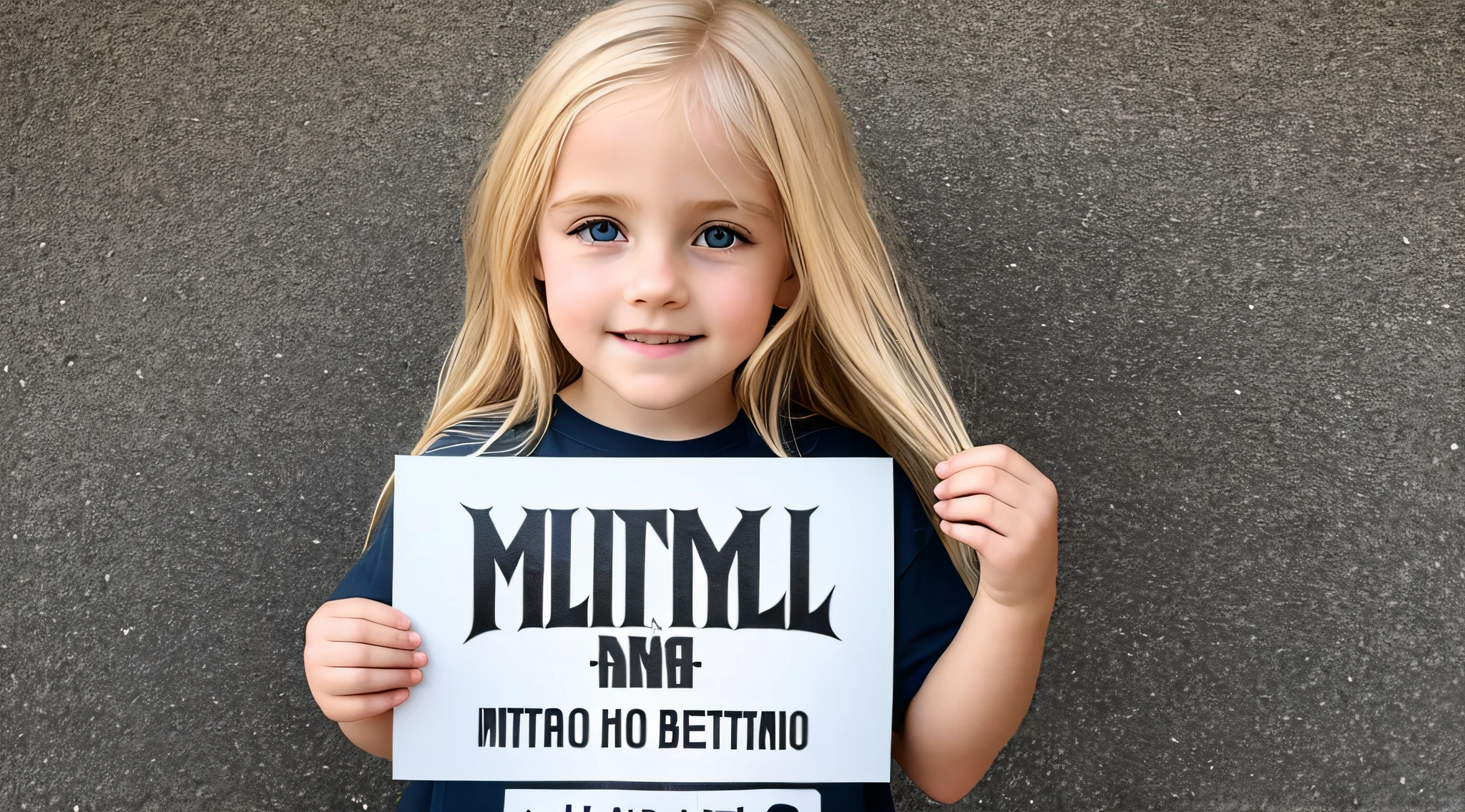 blonde child girl long hair holding a sign that says Metallica, mestre de fantoches, metal pesado!, [ metal ], Michael, muito feliz!, arte magistral, com um brilhante, metal head, feito de metal, metal pesado, completely metallic, he is a rockstar, obra-prima obra de arte.