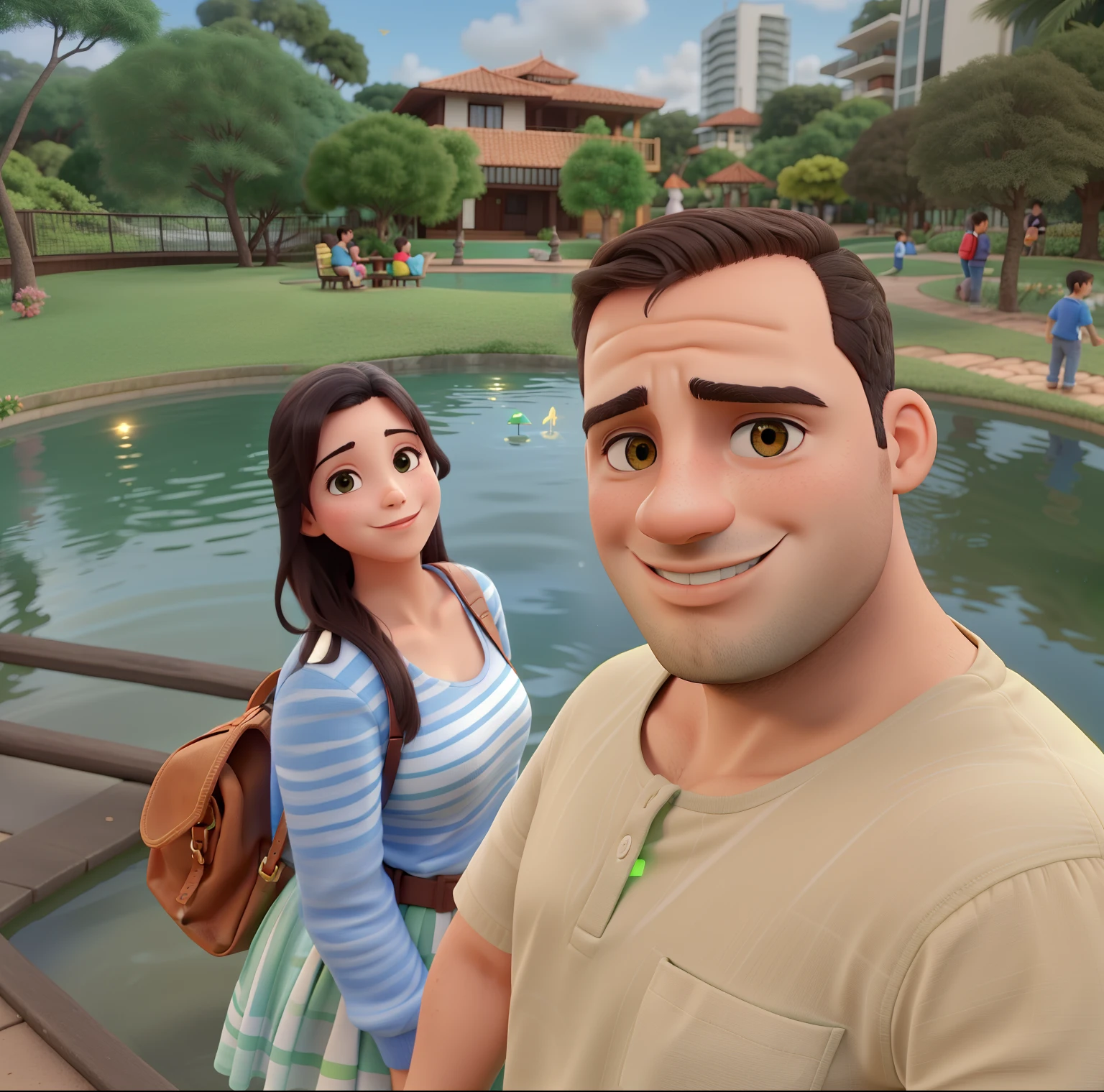Um casal feliz na frente de um lindo lago, iluminados pelo sol, tendo como fundo lindo jardim.