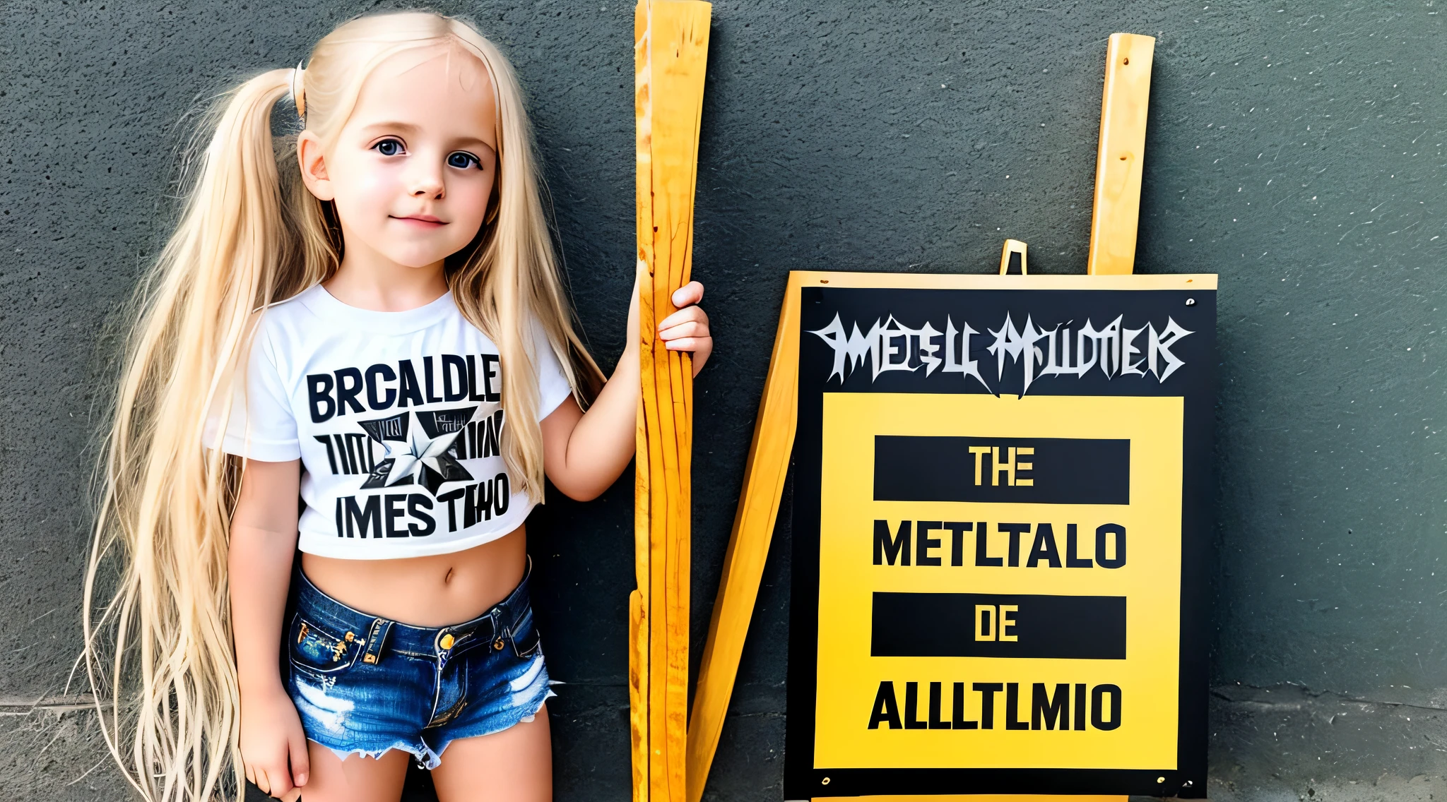 blonde  girl long hair holding a sign that says Metallica, mestre de fantoches, metal pesado!, [ metal ], Michael, muito feliz!, arte magistral, com um brilhante, metal head, feito de metal, metal pesado, completely metallic, he is a rockstar, obra-prima obra de arte.