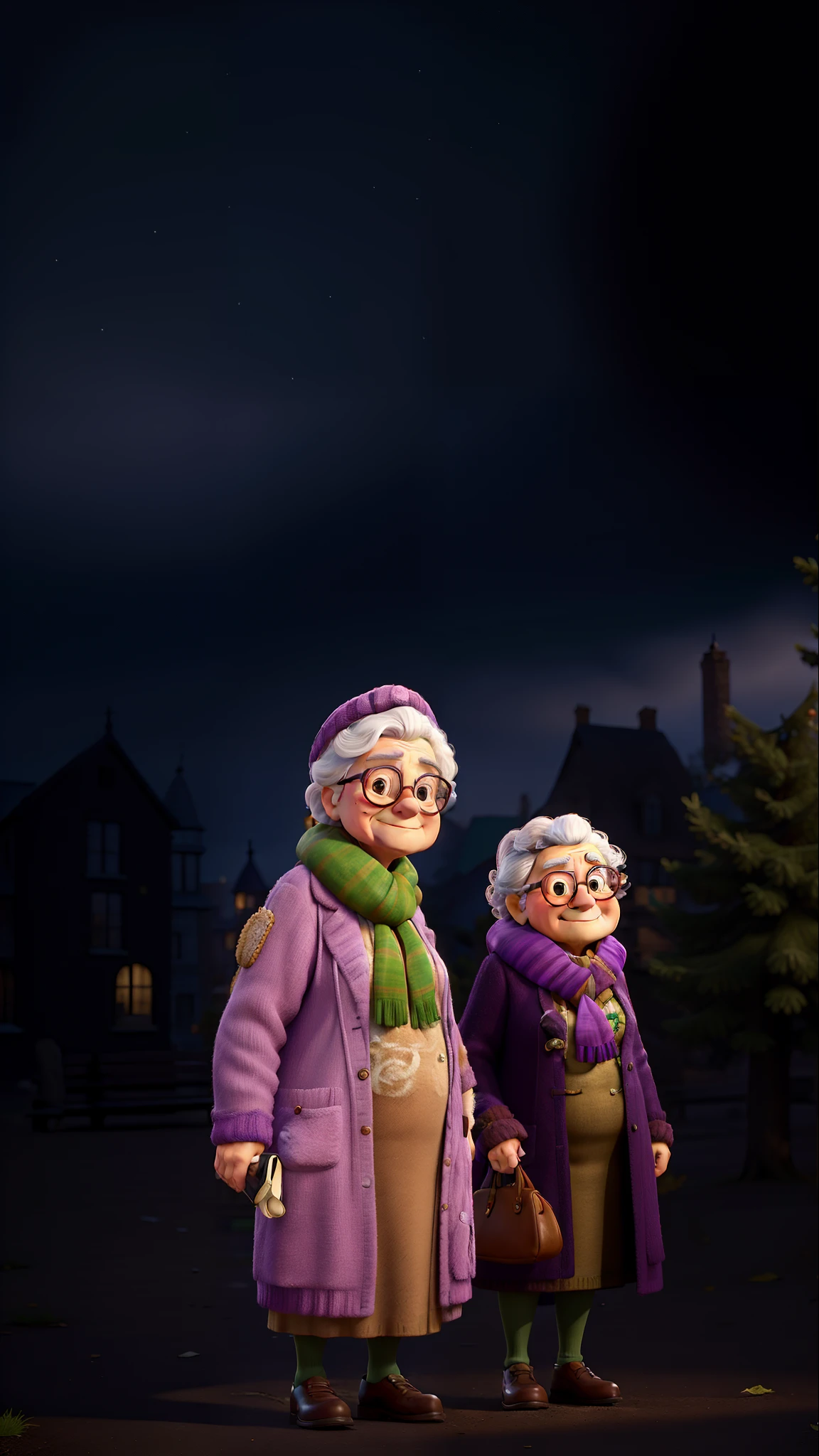 masterpiece, best quality, an old woman with glasses and a scarf on, wearing a purple coat and green scarf, standing at the park