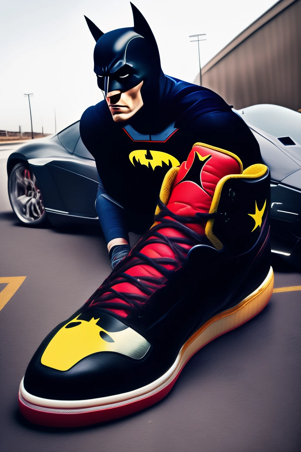 Hyper realistic sad batman with Jordan's shoes black lambo with lean
