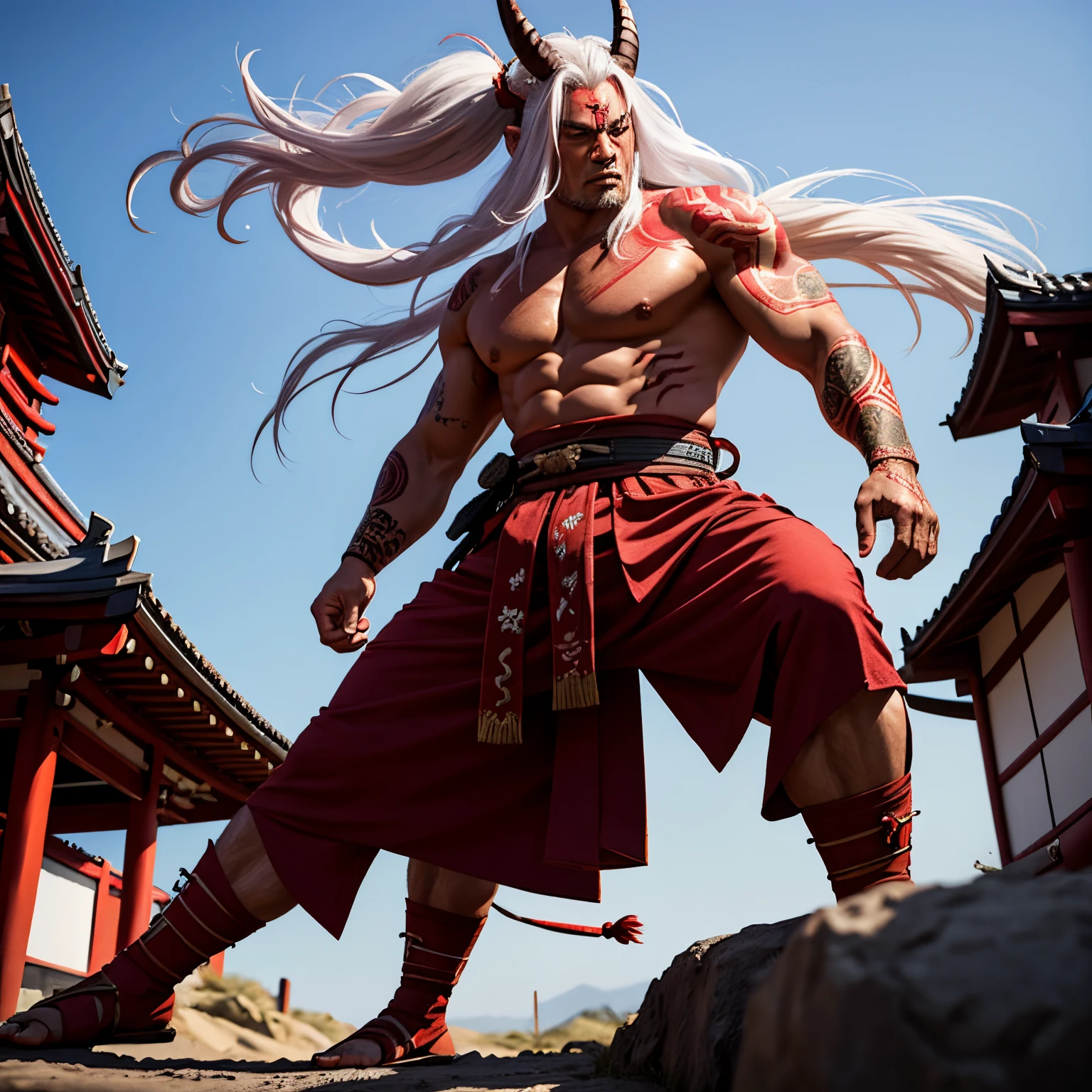 full body low angle shot of an intimidating male Unarmored warrior with red skin and two horns on his forehead and oriental tattoos with long white hair using a katana wearing a traditional Japanese kimono, man, low angle, highly detailed, oni