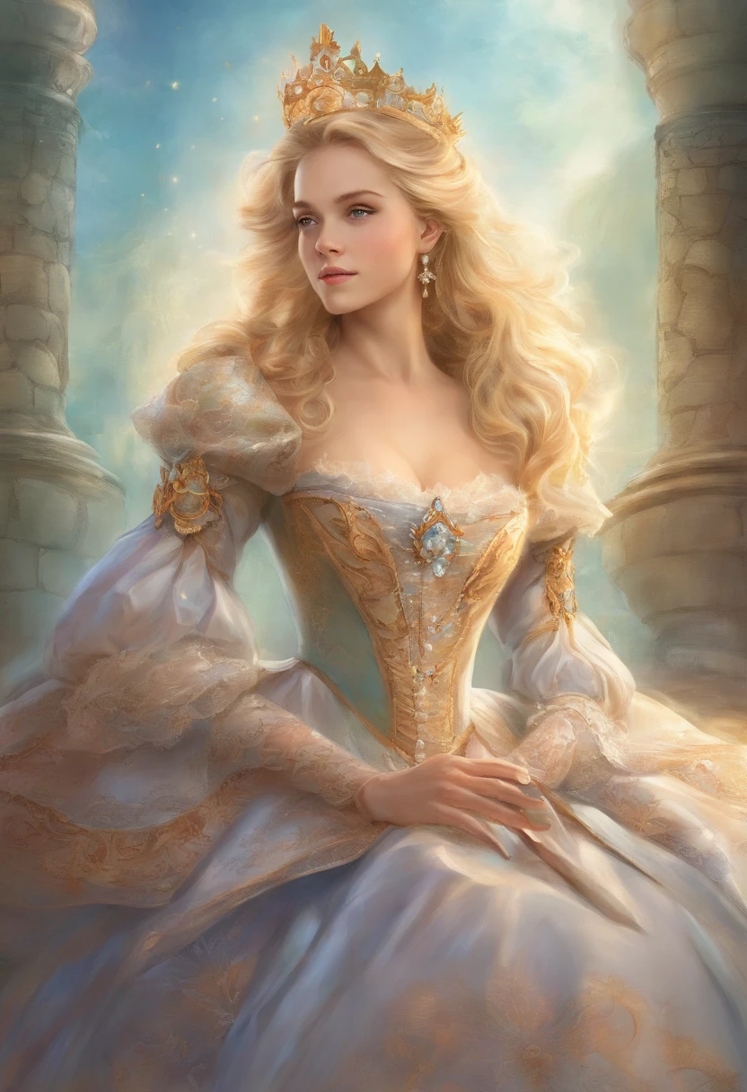 John Tenniel art, Formal and Official Coronation Portrait, Portrait of a stunningly beautiful young blonde Reese Witherspoon as a Queen wearing A Stately and Elaborate Royal Cinderella Court Gown with (((enormous puffed sleeves))), an hourglass waist, and a (((huge crinoline hoopskirt))) adorned with bows, embroidery, and jewels, long white gloves, pearl necklace and earrings