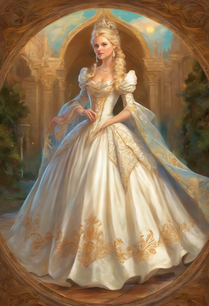 John Tenniel art, Formal and Official Coronation Portrait, Portrait of a stunningly beautiful young blonde Reese Witherspoon as a Queen wearing A Stately and Elaborate Royal Cinderella Court Gown with (((enormous puffed sleeves))), an hourglass waist, and a (((huge crinoline hoopskirt))) adorned with bows, embroidery, and jewels, long white gloves, pearl necklace and earrings