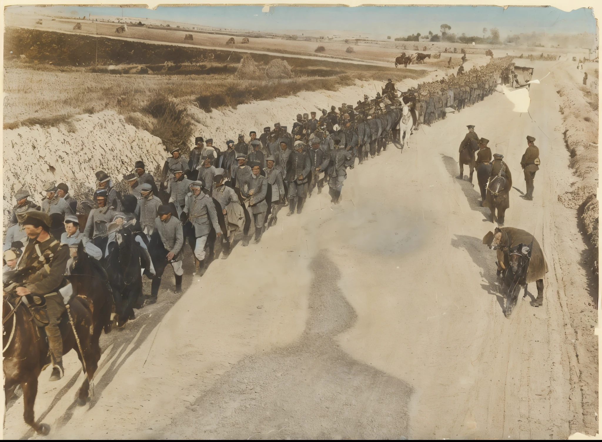 arafed group of men riding horses down a dirt road, soldiers charging in, by Artur Tarnowski, by Jean Béraud, author unknown, by Mirabello Cavalori, army parade glorious march, luigi loir, toward to the camera, jean henri gaston giraud, by José Malhoa, leaving for battle, enhanced photo