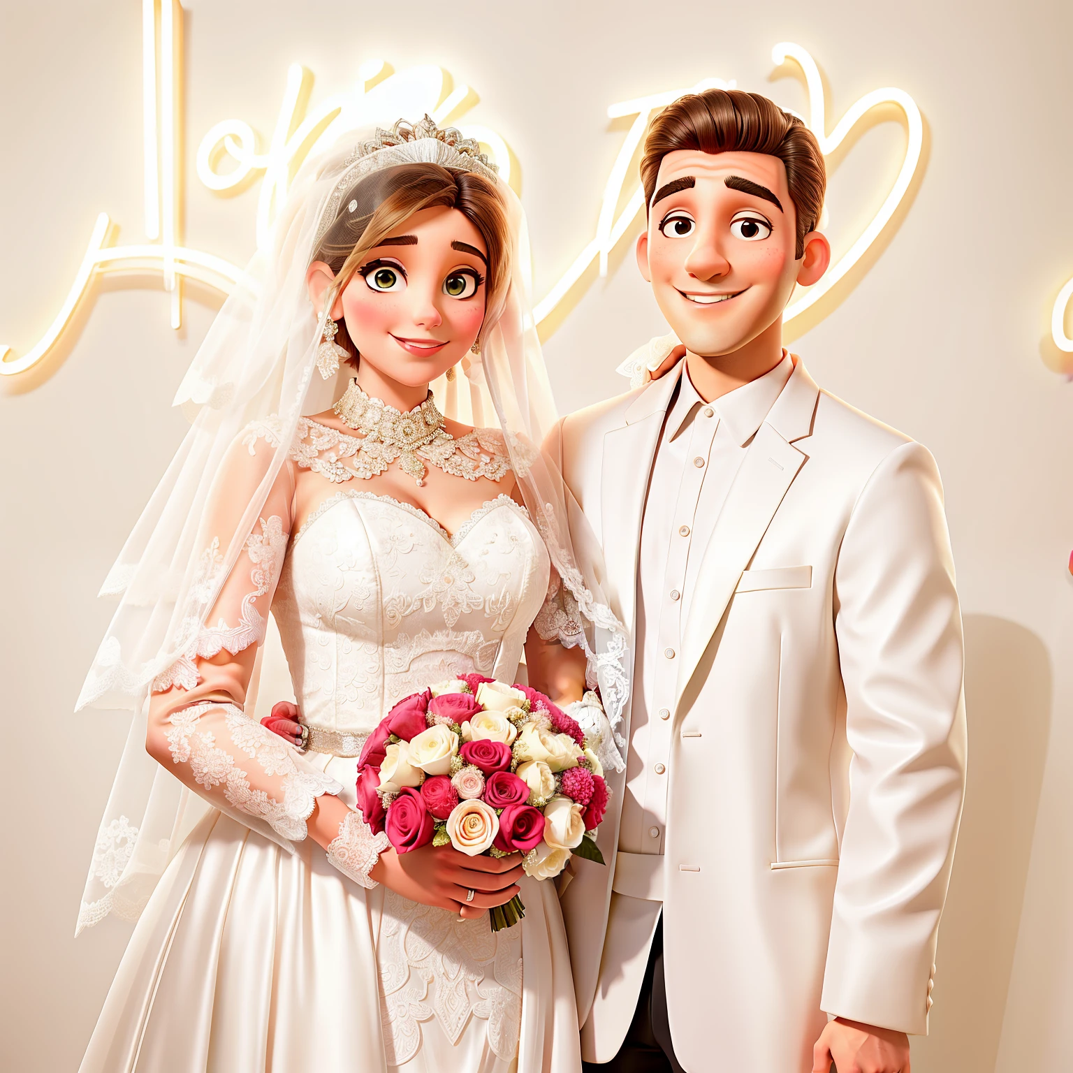 bride and groom pose for a picture in front of a neon sign, bride and groom, happy couple, lovely couple, wedding photo, in front of white back drop, wedding, ameera al taweel, couple, taken with canon 5d mk4, ameera al-taweel, riyahd cassiem, couples portrait, couple portrait