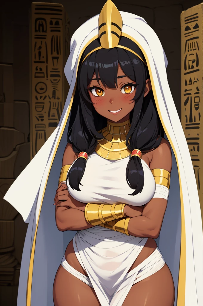 Anime Mummy girl. Dark skin, long black hair, yellow eye, happy and lewd face, blushing cheeks, holding out arms, whole body covered in white bandages, Big breats, thick thighs, Egyptian Coffin background.