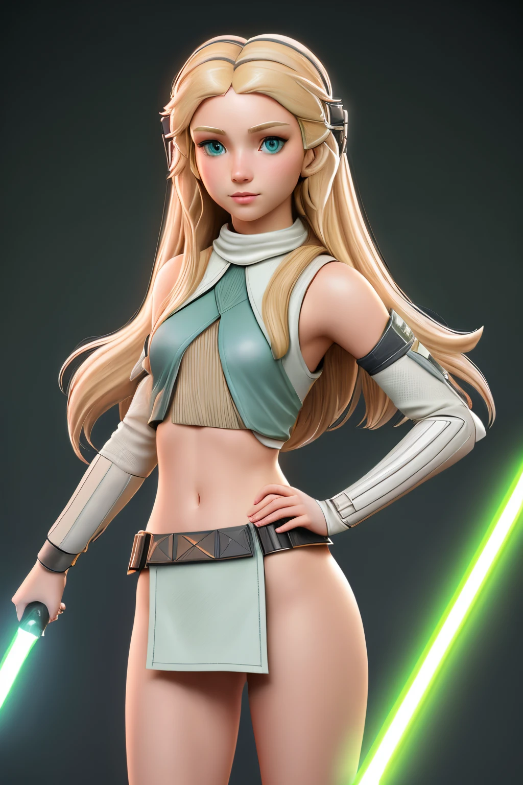 close up 1girl in, Solo, Aesthetic artwork, blond, straight blonde hair, super long blonde hair, light blue eyes, some small freckles, pale skin, A-cup, small breasts, runners body, (thin hips, thin waist: 1.25), detailed skin, shy smile, (standing at attention: 1.25), wearing leather Jedi armor, Star Wars Ahsoka Tano costume, (holding a lite green lightsaber:1.23), 50mm, 4k textures, soft cinematic light, RAW intricate, elegant, highly detailed, sharp focus, ((((cinematic look)))), soothing tones, insane details, intricate details, hyperdetailed, low contrast, soft cinematic light, dim colors, exposure blend, hdr, faded