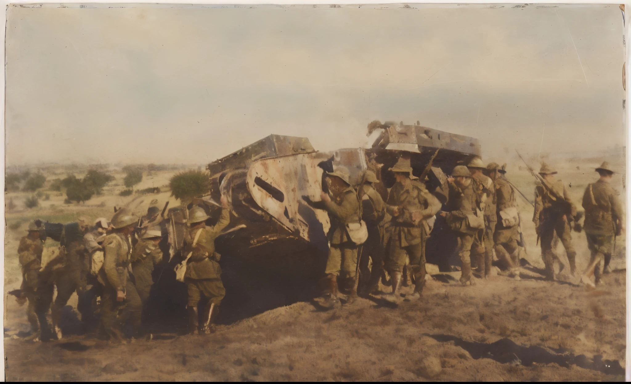 soldiers standing around a tank in a field with other soldiers, soldiers charging in, ww1 film photo, taken on a ww 1 camera, battlefield scene, war photograph, war scene, ww1 photo, soldiers charging the enemy, after a battle, on the battlefield, 1914, 1 9 1 4, photographic still, wounded soldiers, war photo, tanks crashed