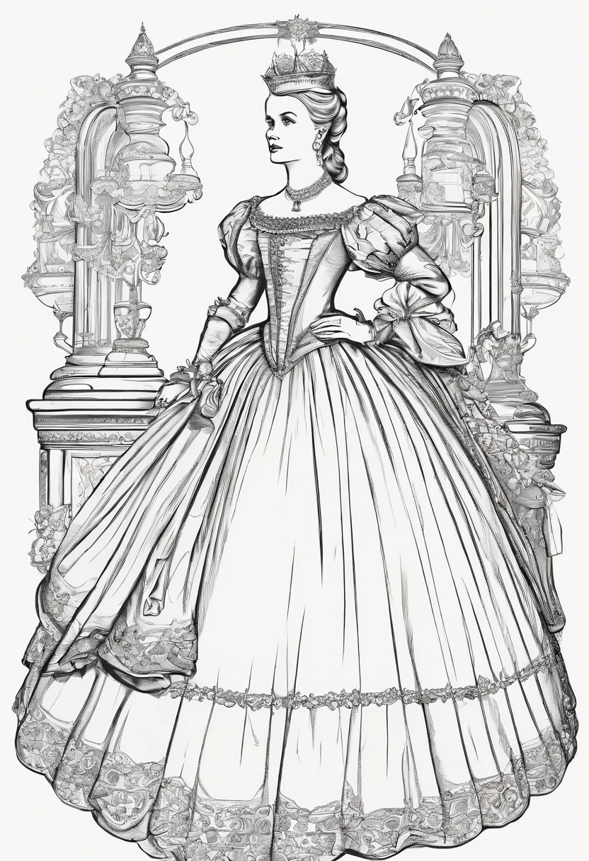 John Tenniel art, Formal and Official Coronation Portrait, Portrait of a stunningly beautiful young blonde Reese Witherspoon as a Queen wearing A Stately and Elaborate Royal Cinderella Court Gown with (((enormous puffed sleeves))), an hourglass waist, and a (((huge crinoline hoopskirt))) adorned with bows, embroidery, and jewels, long white gloves, pearl necklace and earrings