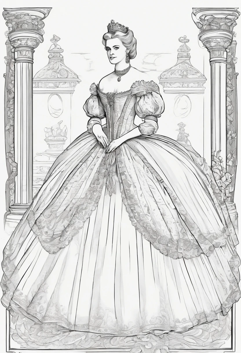 John Tenniel art, Formal and Official Coronation Portrait, Portrait of a stunningly beautiful young blonde Reese Witherspoon as a Queen wearing A Stately and Elaborate Royal Cinderella Court Gown with (((enormous puffed sleeves))), an hourglass waist, and a (((huge crinoline hoopskirt))) adorned with bows, embroidery, and jewels, long white gloves, pearl necklace and earrings