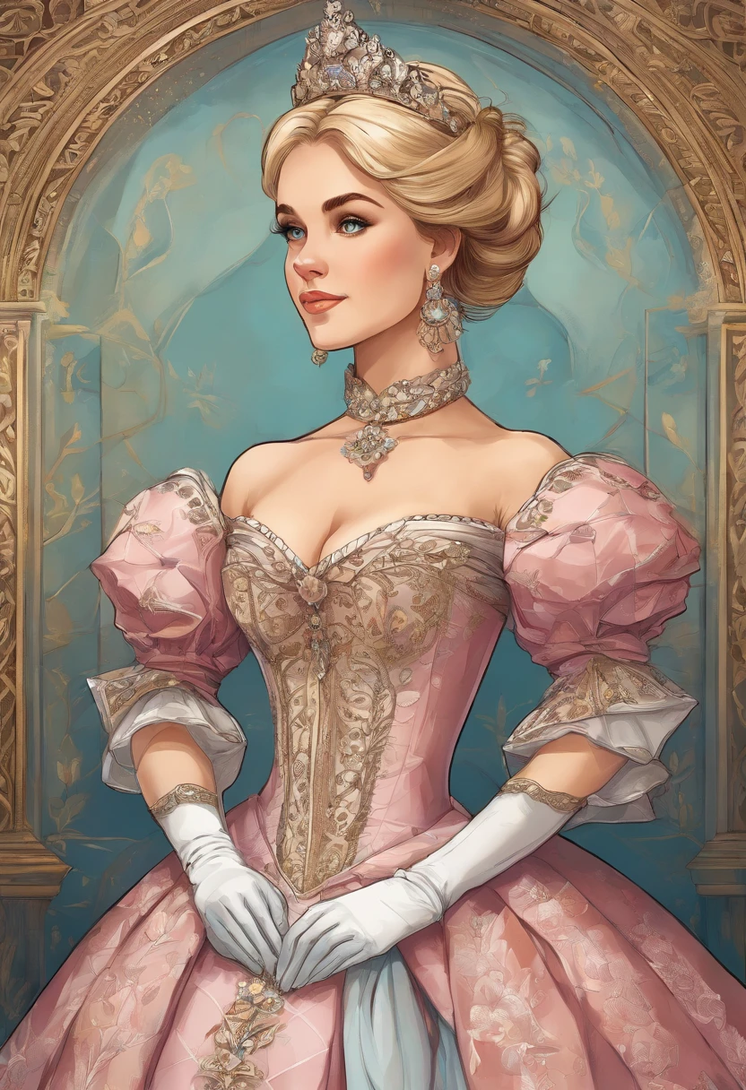 John Tenniel art, Formal and Official Coronation Portrait, Portrait of a stunningly beautiful young blonde Reese Witherspoon as a Queen wearing A Stately and Elaborate Royal Cinderella Court Gown with (((enormous puffed sleeves))), an hourglass waist, and a (((huge crinoline hoopskirt))) adorned with bows, embroidery, and jewels, long white gloves, pearl necklace and earrings