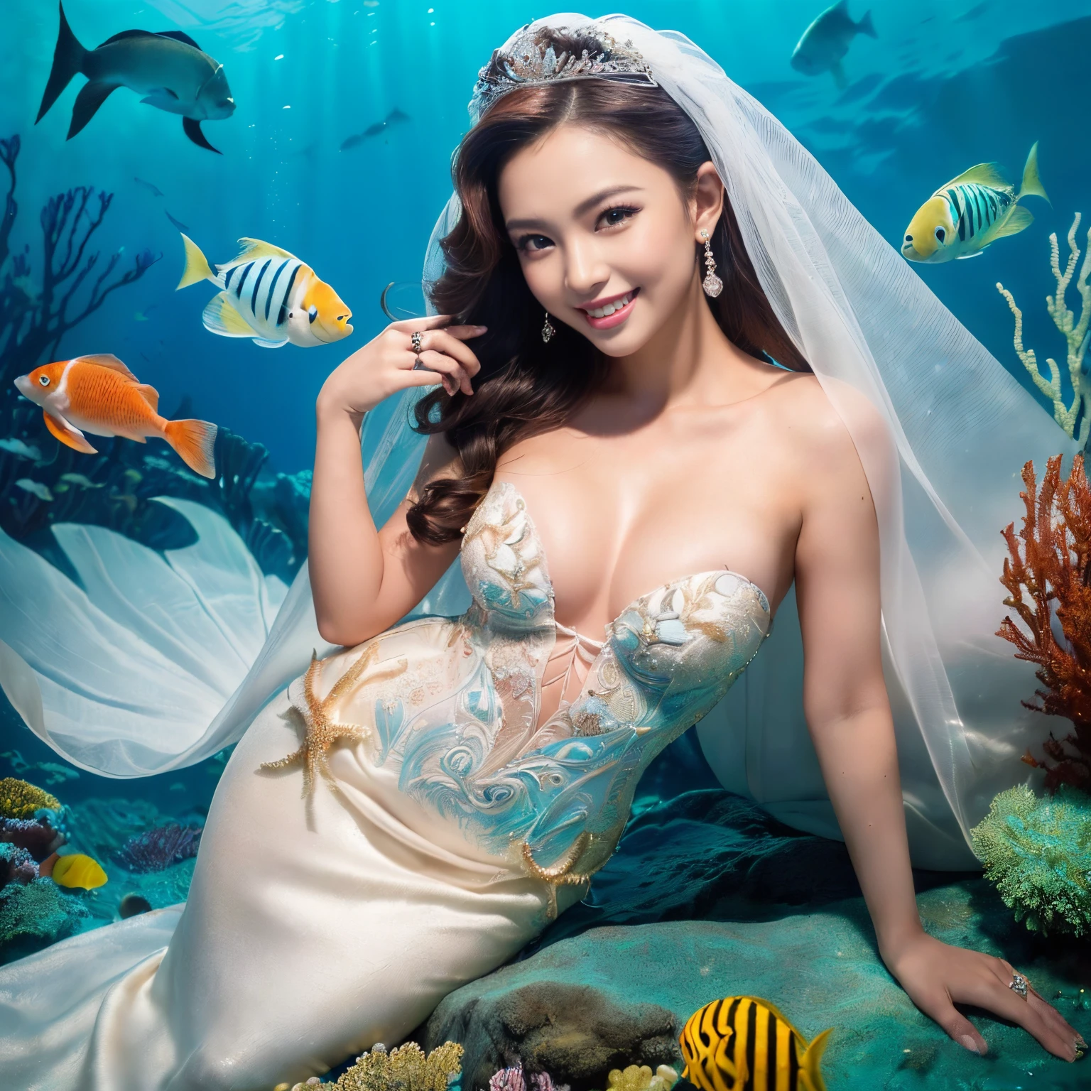 ((top-quality、masutepiece、8K、Top image quality、Highly complex and detailed depictions、very intricate、super-fine))、((One Little Mermaid、mermaid princess wedding、bride mermaid princess、mermaid princess swimming、mermaid bride、mermaid gets married at sea、mermaid in a wedding dress、wedding lace、Wedding bouquet、Mermaid's tail、Complex and finely shining scales、Very intricate and detailed scales、Shining intricate scales、Full Body Jewelry Decoration、the most gorgeous wedding costume、The most gorgeous decoration、The background is the deep sea、Many beautiful fish are swimming around、There are many beautiful fish swimming around.、Sparkling water surface、Fine brilliance、Sunlit water surface、Fantastic brilliance、lots of beautiful tropical fish、Describe a large number of sea creatures in detail、highly intricate background)、(View me、Biggest smile、The happiest smile、Look at viewers、photo of her upper body、Perfectly depict detailed and complex underwater scenes、Detailed depictions of many beautiful sea creatures)