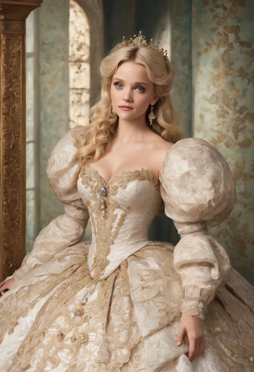 A stunningly beautiful blonde fairytale Princess Reese Witherspoon shining with Royal Pomp and Regal Splendor, wearing a Stately and (((Elaborate))) Royal Cinderella Wedding Dress of Silver and White Brocade, with (((enormous puffed sleeves))) a stiffly boned, padded and corseted bodice, an hourglass waist, a (((huge crinoline hoopskirt))) and (((bustle))), adorned with ribbons, bows, roses, lace, ruffles, frills, embroidery, and jewels, elaborately curled and styled hair, long white gloves, pearl and diamond necklace and earrings