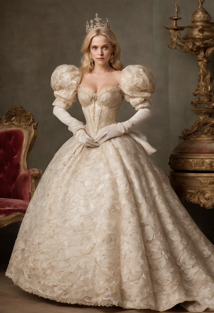 John Tenniel art, Formal and Official Coronation Portrait, Portrait of a stunningly beautiful young blonde Reese Witherspoon as a Queen wearing A Stately and Elaborate Royal Cinderella Court Gown with (((enormous puffed sleeves))), an hourglass waist, and a (((huge crinoline hoopskirt))) adorned with bows, embroidery, and jewels, long white gloves, pearl necklace and earrings