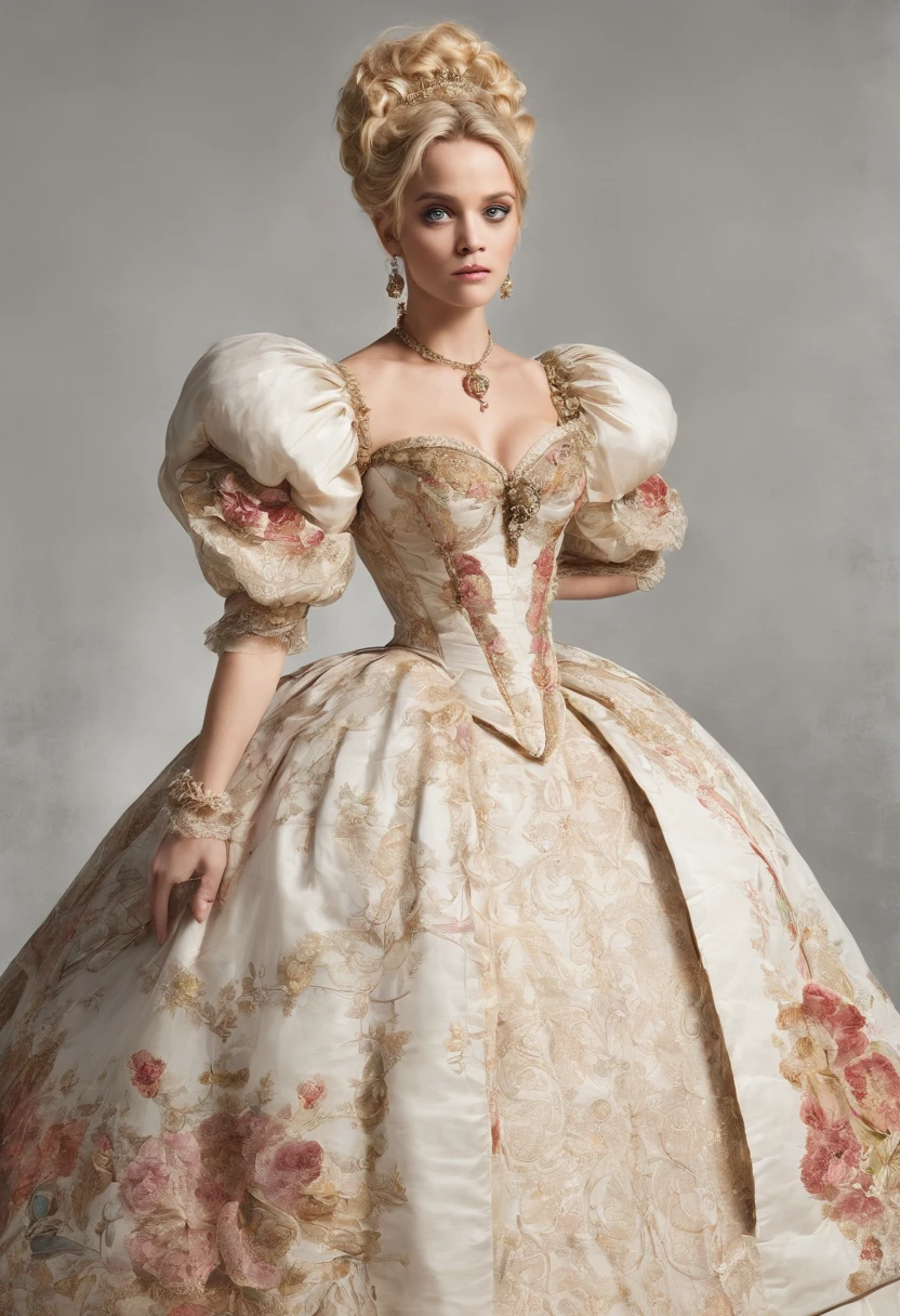 John Tenniel art, Formal and Official Coronation Portrait, Portrait of a stunningly beautiful young blonde Reese Witherspoon as a Queen wearing A Stately and Elaborate Royal Cinderella Court Gown with (((enormous puffed sleeves))), an hourglass waist, and a (((huge crinoline hoopskirt))) adorned with bows, embroidery, and jewels, long white gloves, pearl necklace and earrings