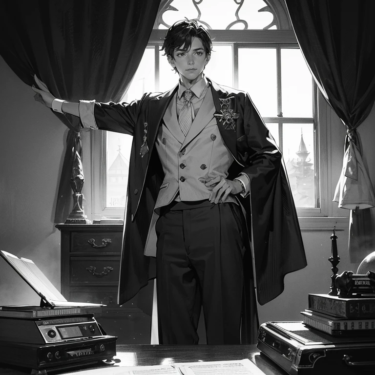 male 、a room、 top-quality, Poses, Correct anatomy, Beautiful body curves, Sketch beech, Daily Draw, vestments, Pencil、black-and-white、monochromes、man playing record、Vintage、Granblue Fantasy