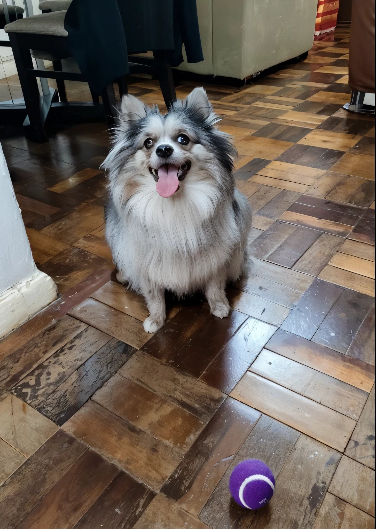 plucked dog sitting on the floor with a tennis ball in front of him, Mistura Pomeriana, happily smiling at the camera, Poofy, muito bobo olhando, Pomeranian, ele tem cabelos grisalhos escuros, sorridente, mas tem um temperamento, chinese crested powderpuff dog, feliz com a boca aberta, 2 anos, olhar desleixado, muito ligeiramente sorridente. Ao fundo uma fazenda com grama verde e arvores