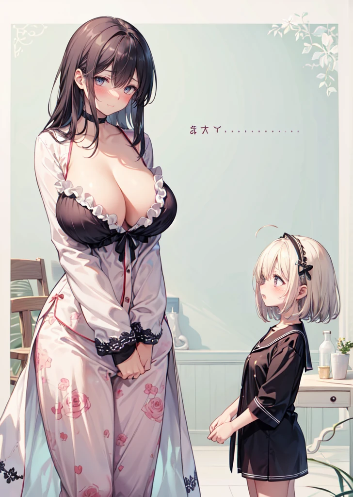 (2girls:1.5), (giantess:1.2), (height_difference:1.5), (size_difference:1.3), (yuri:1.4), looking at another, a giantess next to a minigirl, a minigirl next to a giantess, a giantess looking down at a minigirl, simple background, she is much taller than her, serafuku, smug, happy, scared, cleavage, (A high resolution，ultra-delicate，best quality, masterpiece, Best quality at best), NFSW, absurderes, high resolution, ((best quality)), ((ultra-detailed)), beautiful face, (large_breasts:1.3), (pajamas:1.2), fluffy, frills, surprised, :o, exclamation mark