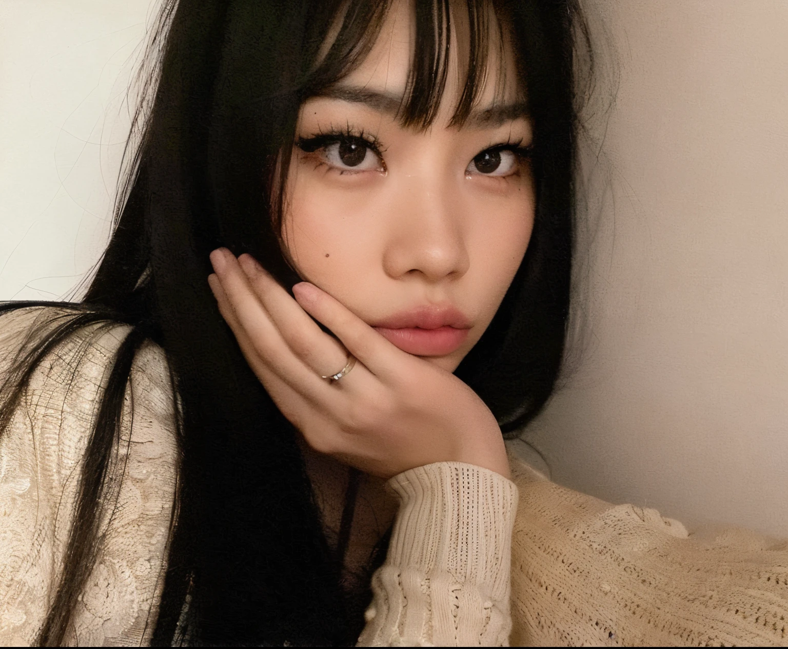 there is a woman with long black hair posing for a picture, detailed face of a asian girl, Asian face, Asian girl, 🤤 retrato da menina, Ulzzang, Ela tem cabelo preto com franja, young cute wan asian face, south east asian with round face, an Asian woman, a young asian woman, Beautiful Asian girl, young asian girl, com franja completa