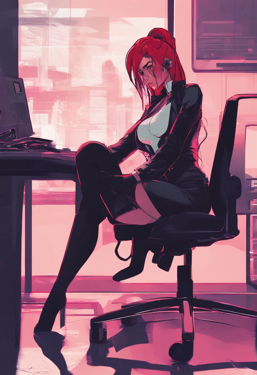 girl in office, sitting in chair, legs up in desk, hands grabbing breasts, red hair, pony tail, busty, c cup, cyberpunk theme, cleveage, white blouse, short black skirt, black jacket, neon lights