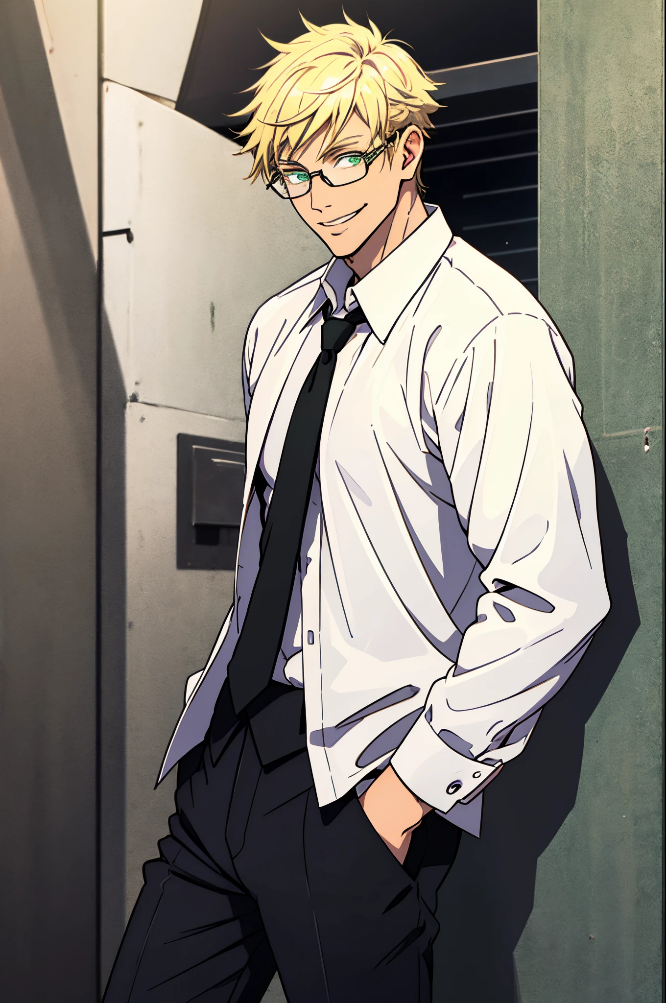 white young man, green eyes, smile, beautiful, tall, white shirt, black pants, black tie, stylish hair, blonde hair, glasses, casual clothes