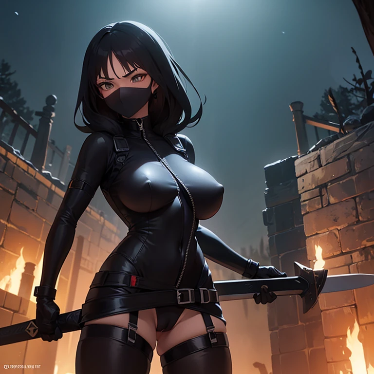 ((ninja woman, ((cloth covering her face)),((Black bodysuit, open zipper on the pussy, with a belt, with two swords in the sheath on the belt))),((gigantic breasts, naked breasts, naked pussy, erect breasts, cupping breasts)),((rock hair)),((brown eyes, desperate face)),((standing, in a haunted forest, at night)),((1 arm behind the back)) ,