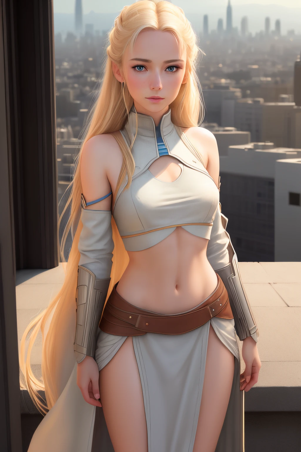 close up 1girl in, Solo, Aesthetic artwork, blond, straight blonde hair, super long blonde hair, light blue eyes, some small freckles, pale skin, A-cup, small breasts, runners body, (thin hips, thin waist: 1.25), detailed skin, shy smile, (standing at attention: 1.25), wearing brown leather Jedi armor, Star Wars Jedi costume, very detailed city roof background, rooftop, overlooking the city, death Star in the sky, 50mm, 4k textures, soft cinematic light, RAW intricate, elegant, highly detailed, sharp focus, ((((cinematic look)))), soothing tones, insane details, intricate details, hyperdetailed, low contrast, soft cinematic light, dim colors, exposure blend, hdr, faded