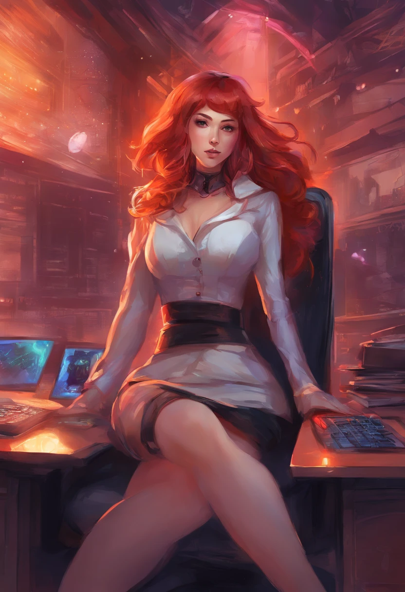 girl in office, sitting in chair, legs up in desk, hands grabbing breasts, red hair, pony tail, busty, c cup, cyberpunk theme, cleveage, white blouse, short black skirt, black jacket, neon lights