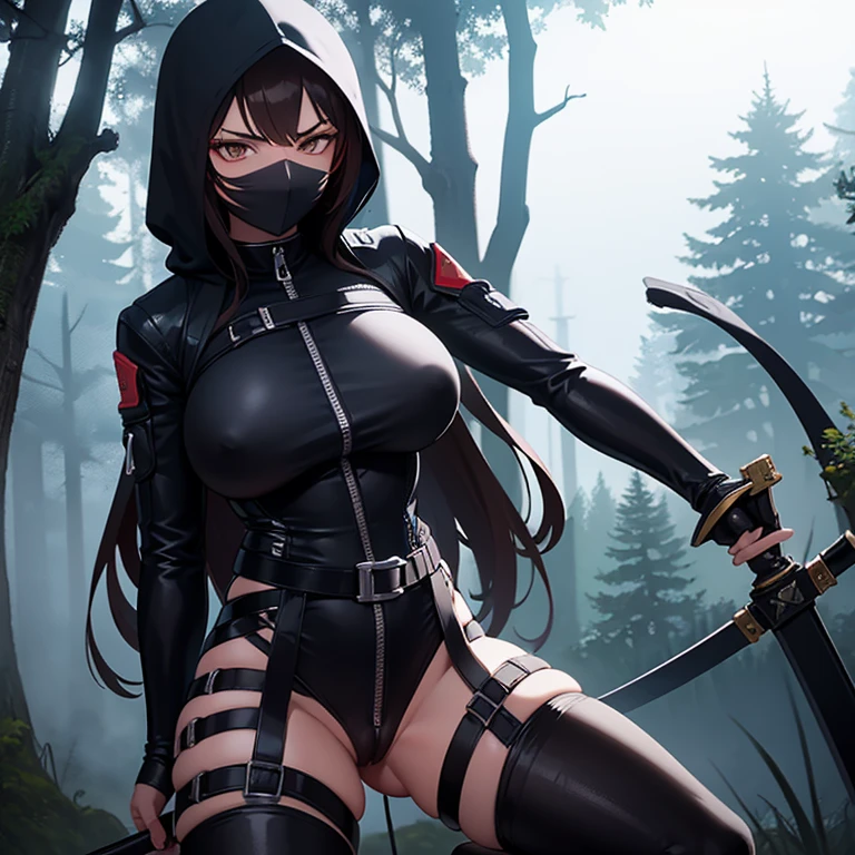 ((ninja woman, ((cloth covering her face)),((Black bodysuit, open zipper on the pussy, with a belt, with two swords in the sheath on the belt))),((gigantic breasts, naked breasts, naked pussy, erect breasts, cupping breasts)),((rock hair)),((brown eyes, desperate face)),((standing, in a haunted forest, at night)),((1 arm behind the back)) ,
