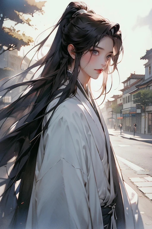 masutepiece, Best Quality, 8K, Cinematic Light, 超A high resolution, chinese art, Chinese paintings, 1boy, Upper body, in a street,Long hair、amazing hair