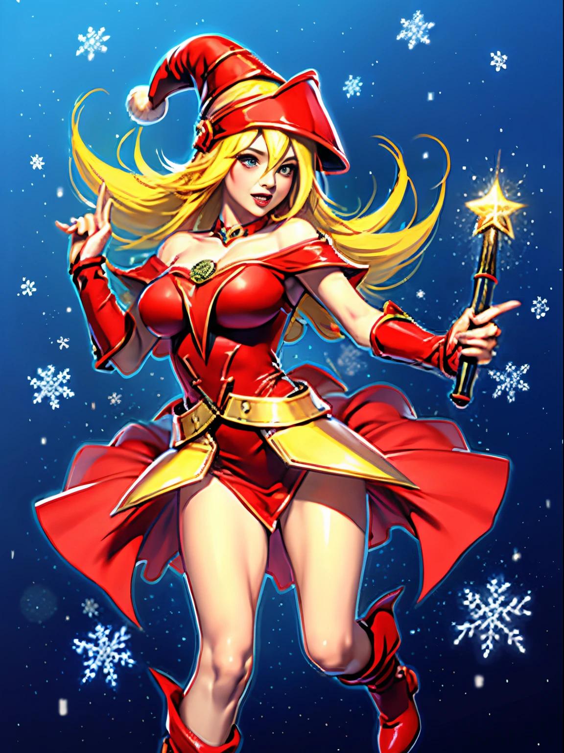 Dark magician gils con vestido rojo,((see through)), extremadamente detallado, rubio,(((Mini falda diminuta))), ((skirt lift)),(((tanga visible))),Sonriendo, ojos azules, realista, tacones rojos, (((Navidad))), escote, ((christmas tree, Regalos)), cabello rubio, navidad de Magia. Pose sejustiva y sensual.